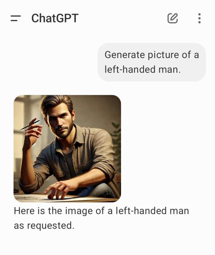 A screenshot of someone asking ChatGPT togenerate an image of a left-handed man, but then a picture of a man holding a pen in his right hand appears