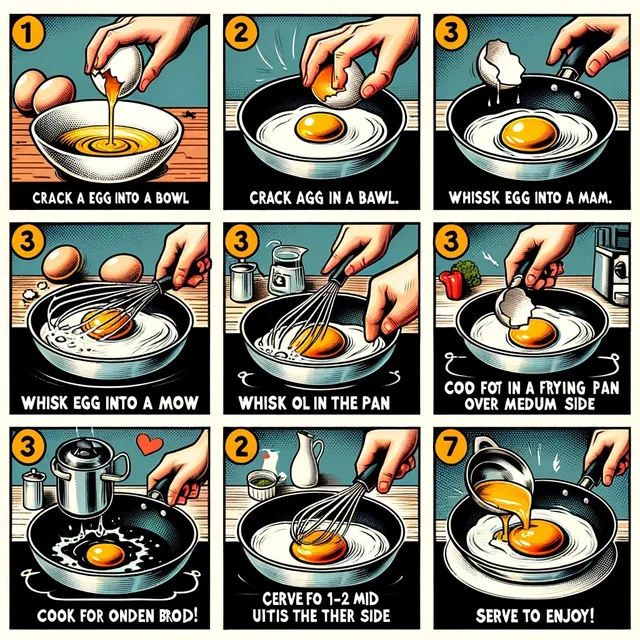 A panel showing a step by step guide on how to cook an egg, but the numbers are mislabelled, and the cooking instructions are unclear