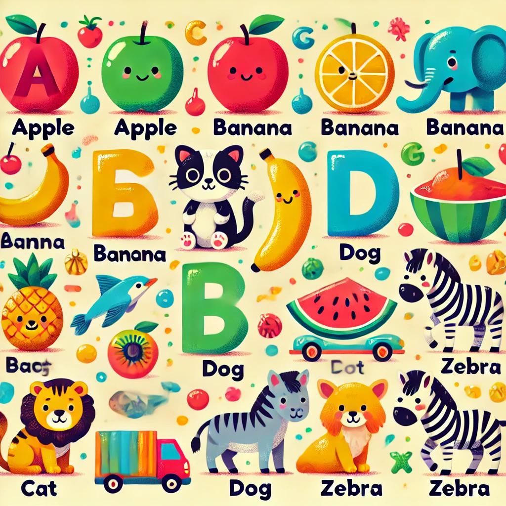 A seemingly children-friendly alphabet poster that can be classified as AI failure due to absurd animal-and-letter pairings