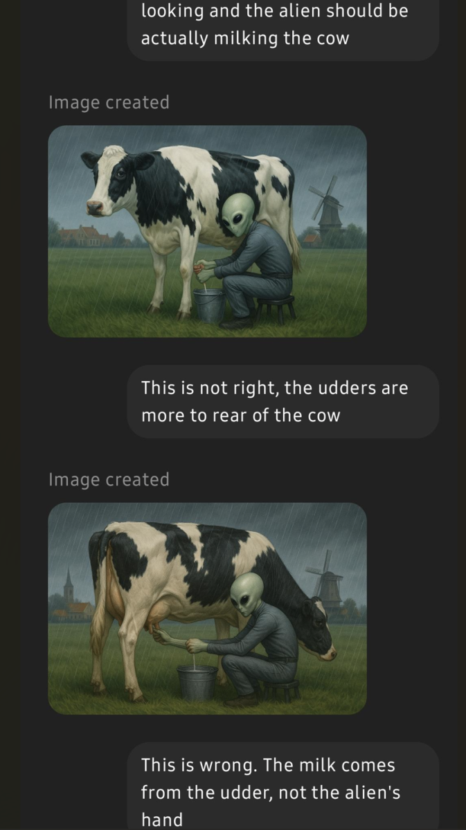 A screenshot of someone chatting with ChatGPT asking the AI to generate images of an alien milking a cow, but the picture fails to do that as the udder is misplaced or the milk flows out from the alien's hand rather than from the cow