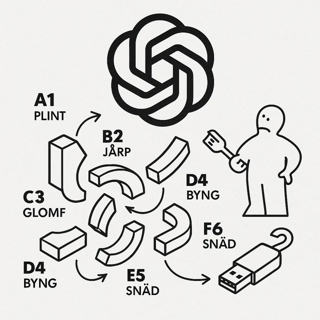 A manual on how to build together the ChatGPT logo, with a man looking confused