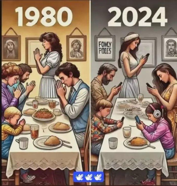 Left, a family praying at the dinner table; right, a family where members all look at their smartphones at the dinner table