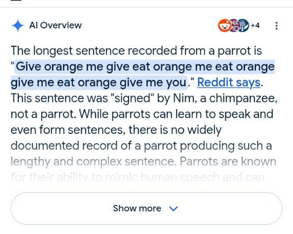 A screenshot of a Google AI-generated answer claiming the longest sentence spoken by a parrot is a phrase actually produced by a chimpanzee using sign language, with incorrect attribution to Reddit.