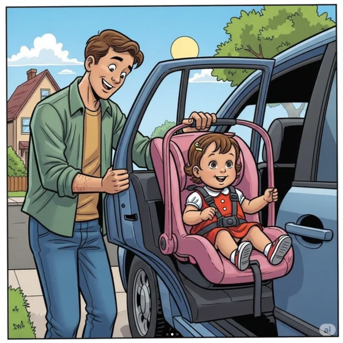 An AI-generated image depicting a man smiling and holding open a car door. His other hand appears to be holding a car seat with a baby, which is seemingly attached to the inside of the open car door, while simultaneously, a closed car door is also visible