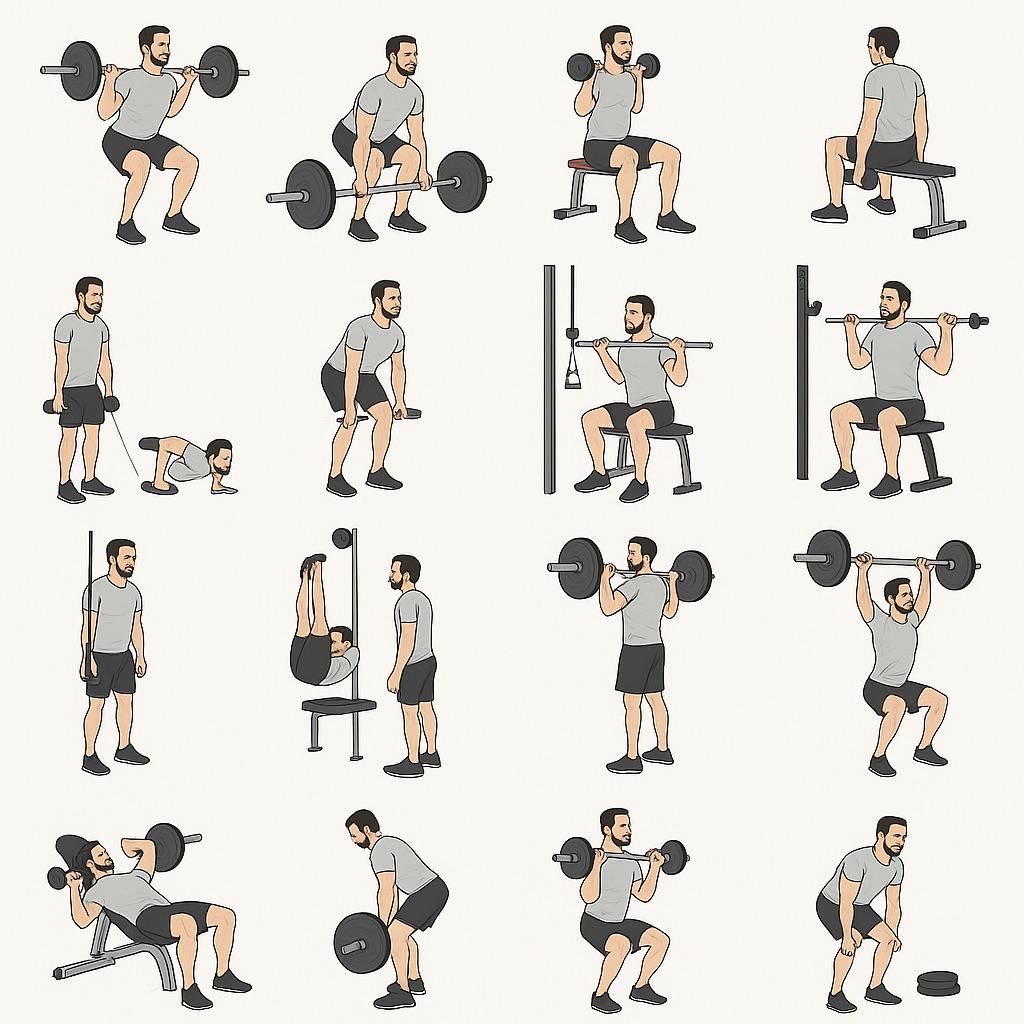 Illustration of various workout exercises performed by a male figure, some showing anatomically impossible poses or physically unrealistic positions.
