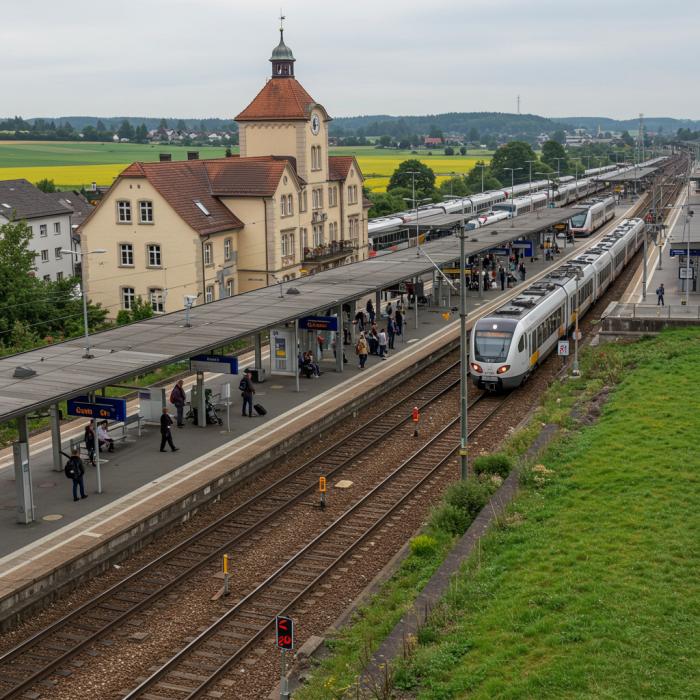 A seemingly normal train station which reveals, at closer inspection, anomalies like a train waiting on a platform, or nonsensical lamps on the station's roof
