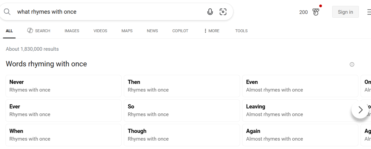 Screenshot of a search engine result showing AI-generated “words that rhyme with once,” including incorrect entries like “never,” “ever,” “then,” and “though,” with a scrollable list of similarly mismatched words.